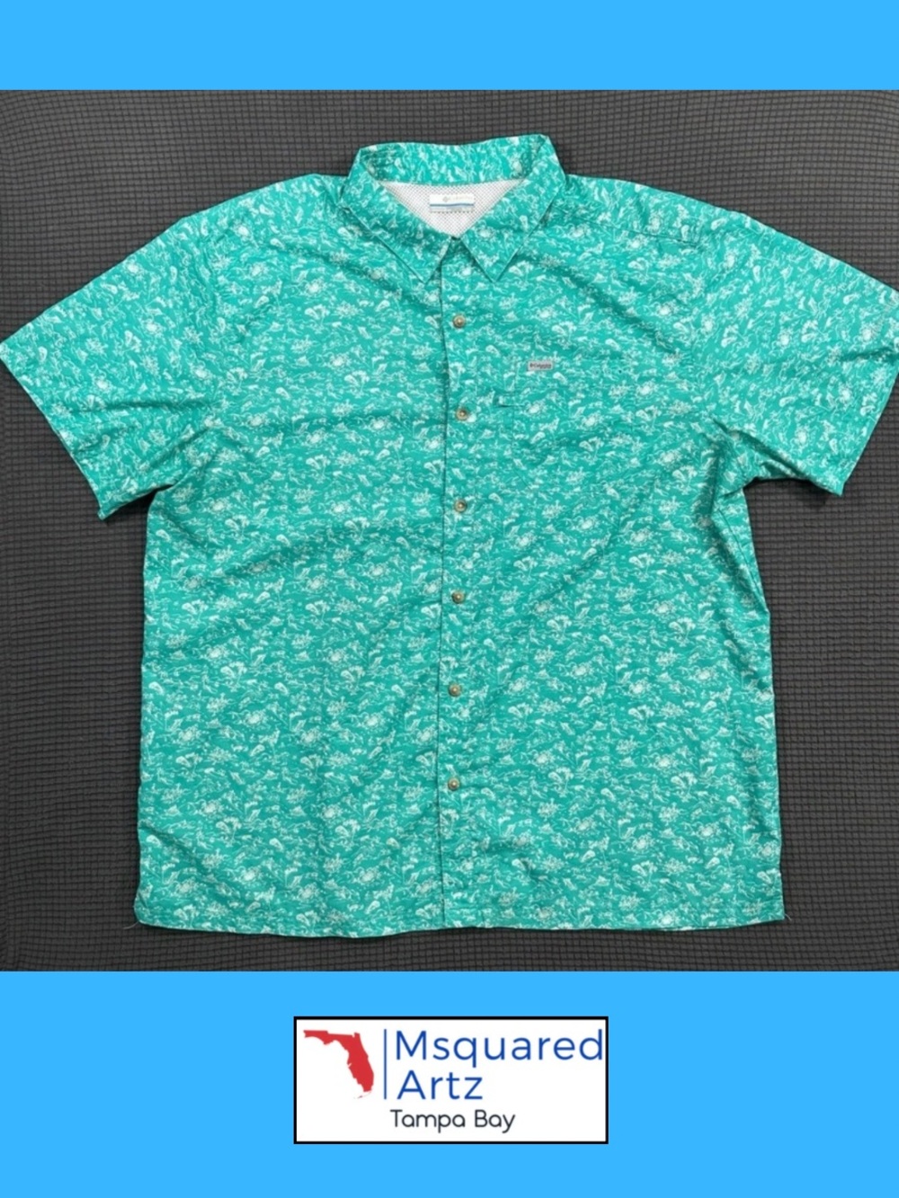 Columbia PFG Fish Print Performance Fishing Shirt Mens XL Teal Green